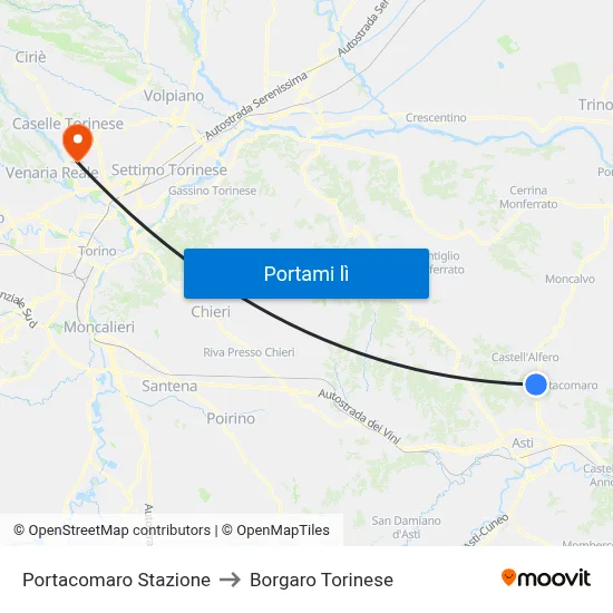 Portacomaro Stazione to Borgaro Torinese map