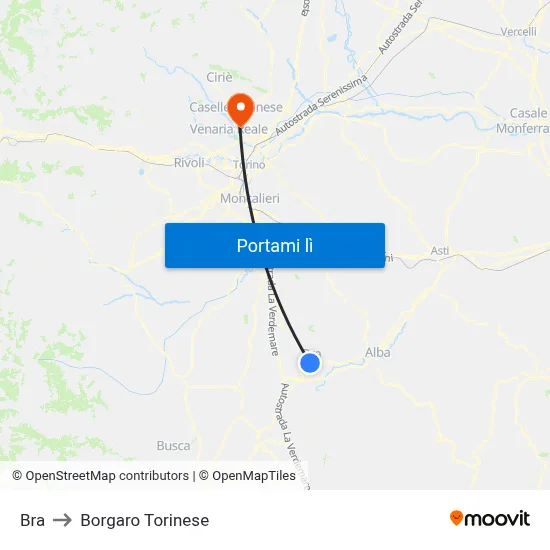 Bra to Borgaro Torinese map