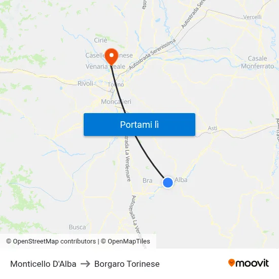 Monticello D'Alba to Borgaro Torinese map
