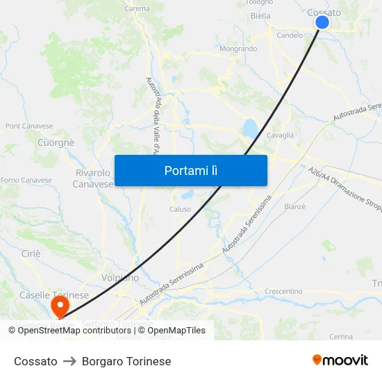 Cossato to Borgaro Torinese map