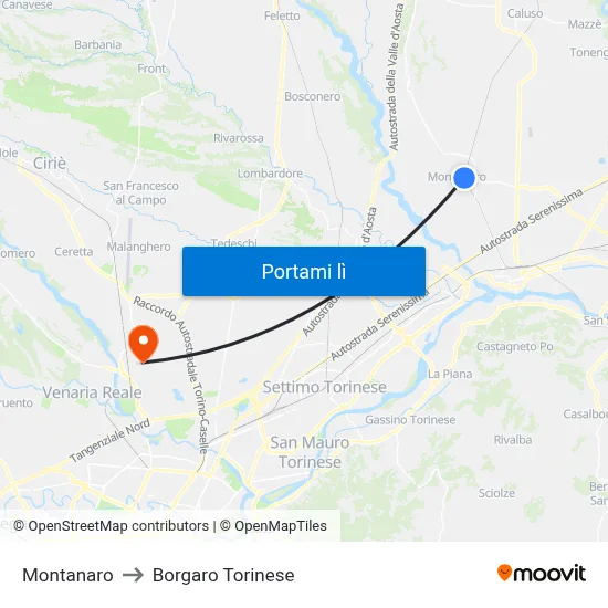 Montanaro to Borgaro Torinese map