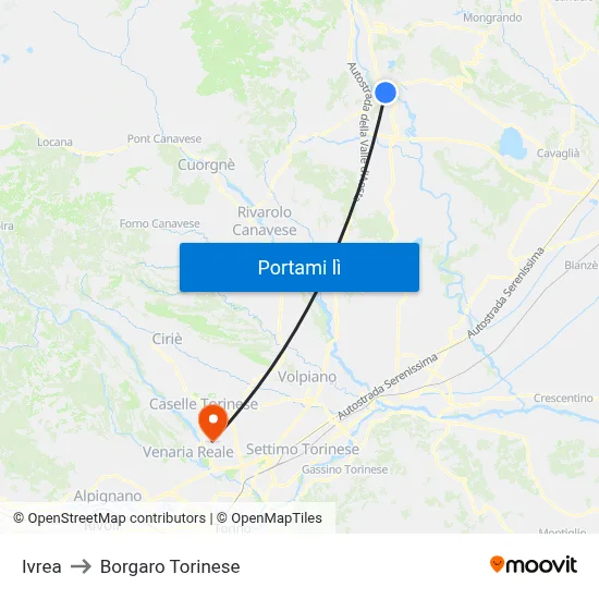 Ivrea to Borgaro Torinese map