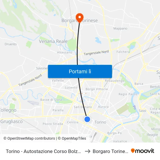 Torino - Autostazione Corso Bolzano to Borgaro Torinese map