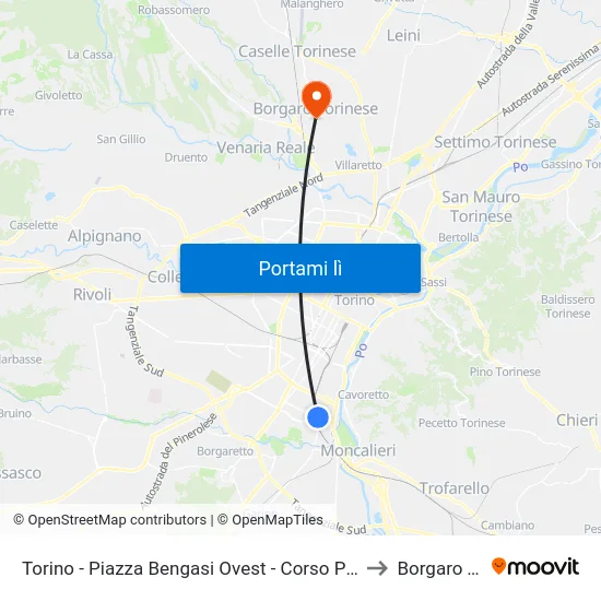 Torino - Piazza Bengasi Ovest - Corso Pietro Maroncelli - Via Canelli to Borgaro Torinese map
