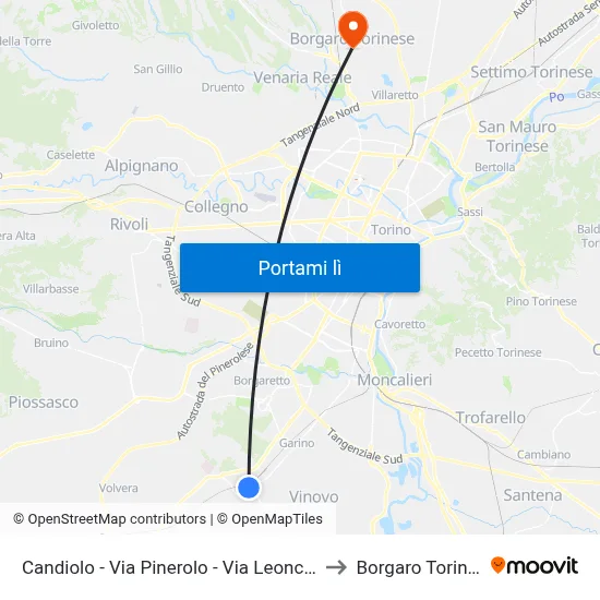 Candiolo - Via Pinerolo - Via Leoncavallo to Borgaro Torinese map