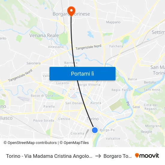 Torino - Via Madama Cristina Angolo Corso Vittorio to Borgaro Torinese map