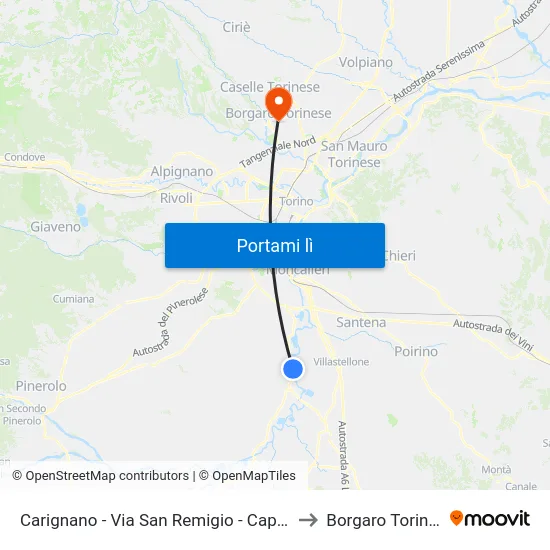 Carignano - Via San Remigio - Capolinea to Borgaro Torinese map