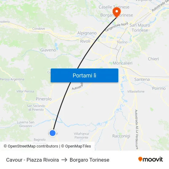 Cavour - Piazza Rivoira to Borgaro Torinese map