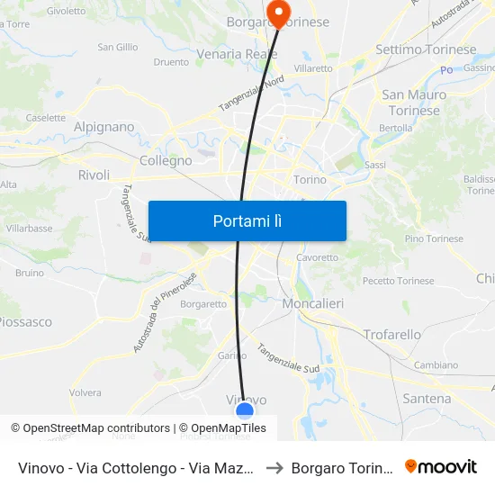 Vinovo - Via Cottolengo - Via Mazzolari to Borgaro Torinese map