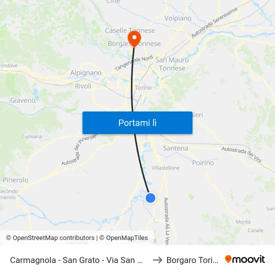 Carmagnola - San Grato - Via San Michele  4 to Borgaro Torinese map