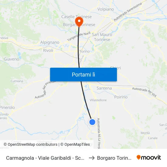 Carmagnola - Viale Garibaldi - Scuole to Borgaro Torinese map