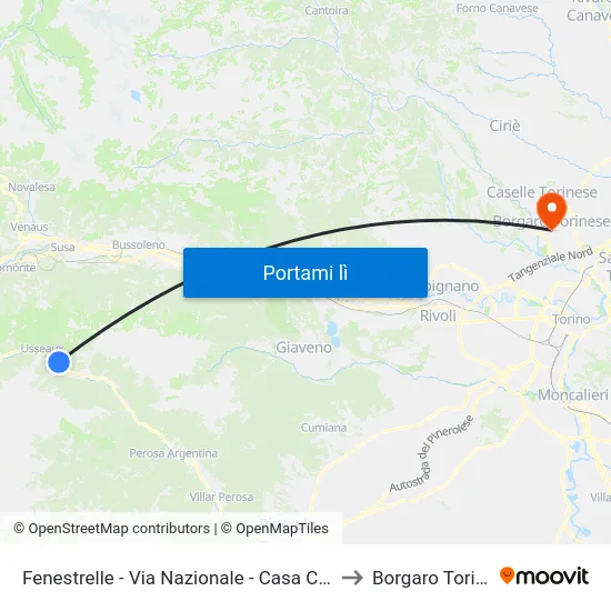 Fenestrelle - Via Nazionale - Casa Cantoniera to Borgaro Torinese map