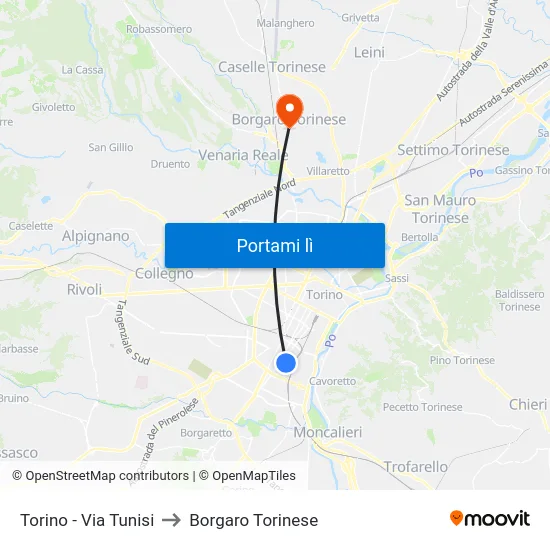 Torino - Via Tunisi to Borgaro Torinese map