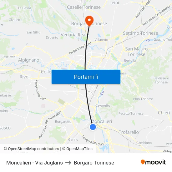 Moncalieri - Via Juglaris to Borgaro Torinese map