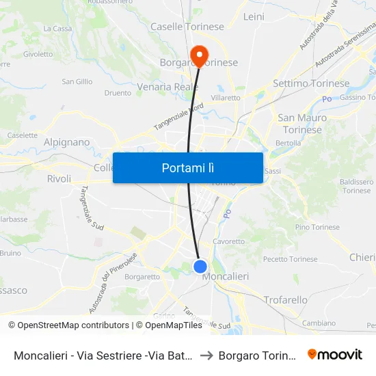 Moncalieri - Via Sestriere -Via Battisti to Borgaro Torinese map