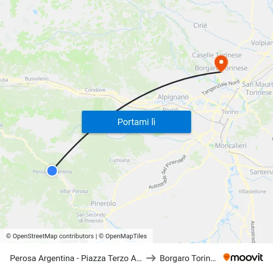 Perosa Argentina - Piazza Terzo Alpini to Borgaro Torinese map