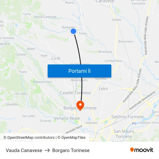 Vauda Canavese to Borgaro Torinese map