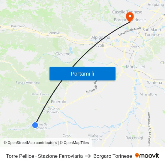 Torre Pellice - Stazione Ferroviaria to Borgaro Torinese map