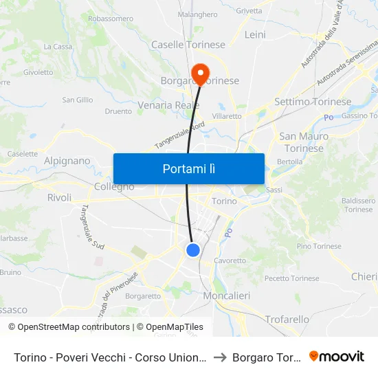 Torino - Poveri Vecchi - Corso Unione Sovietica to Borgaro Torinese map