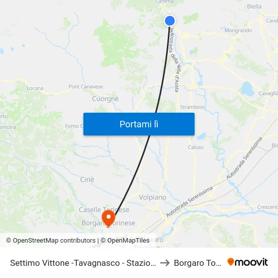 Settimo Vittone -Tavagnasco - Stazione Ferroviaria to Borgaro Torinese map