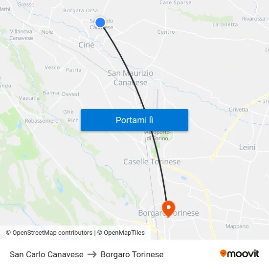 San Carlo Canavese to Borgaro Torinese map