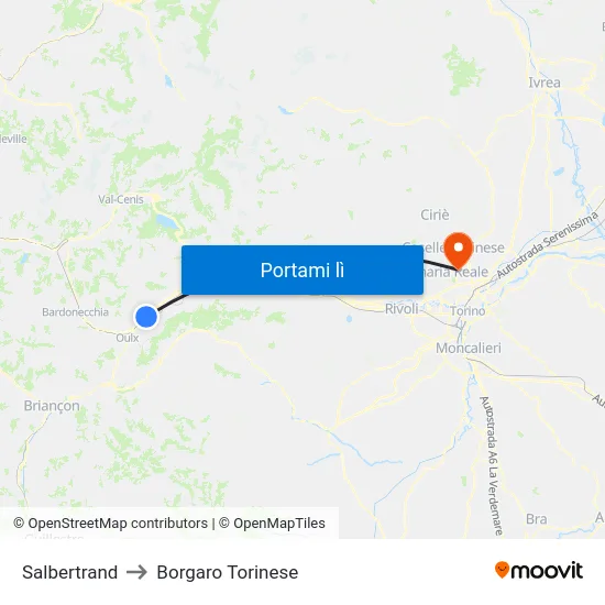 Salbertrand to Borgaro Torinese map