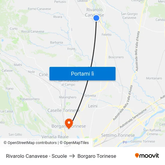 Rivarolo Canavese - Scuole to Borgaro Torinese map