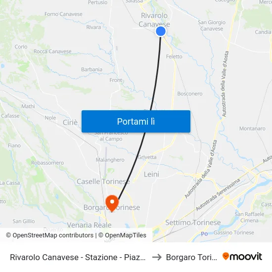 Rivarolo Canavese - Stazione - Piazza Zanotti to Borgaro Torinese map