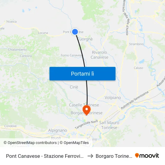 Pont Canavese - Stazione Ferroviaria to Borgaro Torinese map