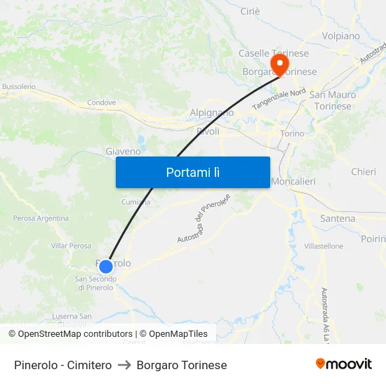 Pinerolo - Cimitero to Borgaro Torinese map