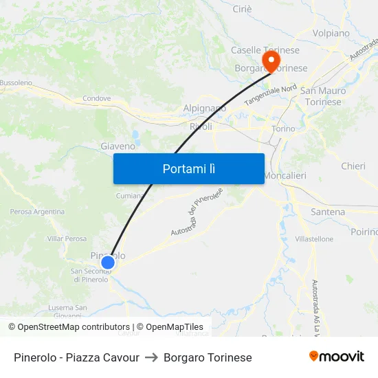 Pinerolo - Piazza Cavour to Borgaro Torinese map