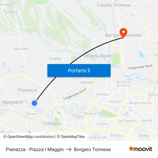 Pianezza - Piazza I Maggio to Borgaro Torinese map