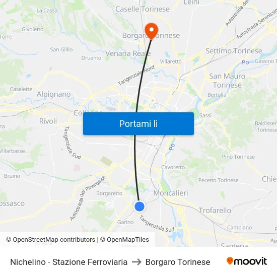 Nichelino - Stazione Ferroviaria to Borgaro Torinese map