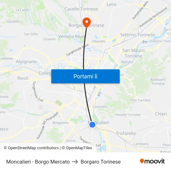 Moncalieri - Borgo Mercato to Borgaro Torinese map