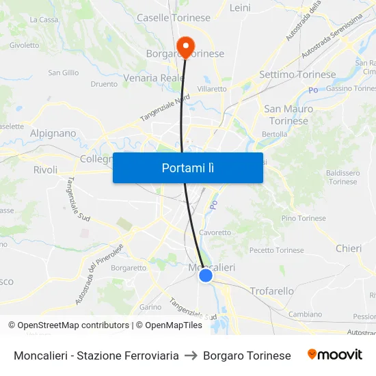 Moncalieri - Stazione Ferroviaria to Borgaro Torinese map