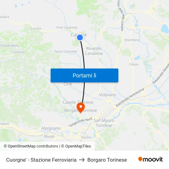 Cuorgne' - Stazione Ferroviaria to Borgaro Torinese map