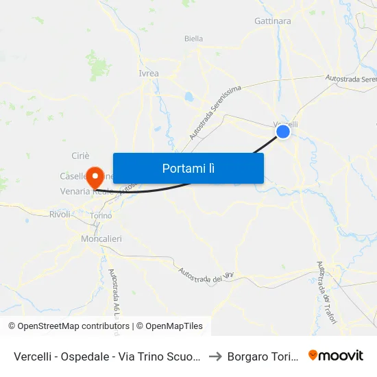 Vercelli - Ospedale - Via Trino Scuola Verga to Borgaro Torinese map
