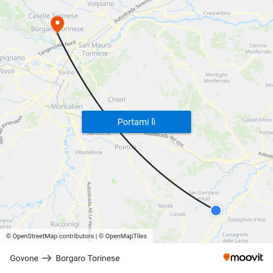 Govone to Borgaro Torinese map