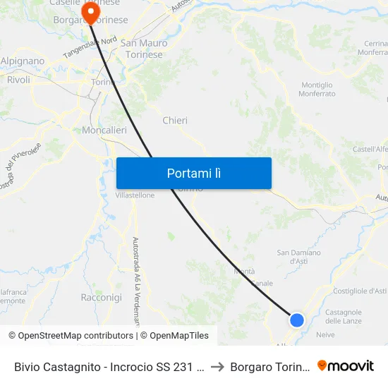 Bivio Castagnito - Incrocio SS 231 - SP 3 to Borgaro Torinese map