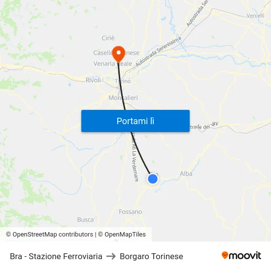 Bra - Stazione Ferroviaria to Borgaro Torinese map