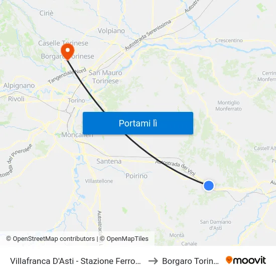 Villafranca D'Asti - Stazione Ferroviaria to Borgaro Torinese map