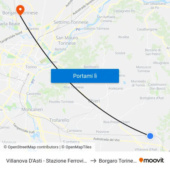 Villanova D'Asti - Stazione Ferroviaria to Borgaro Torinese map
