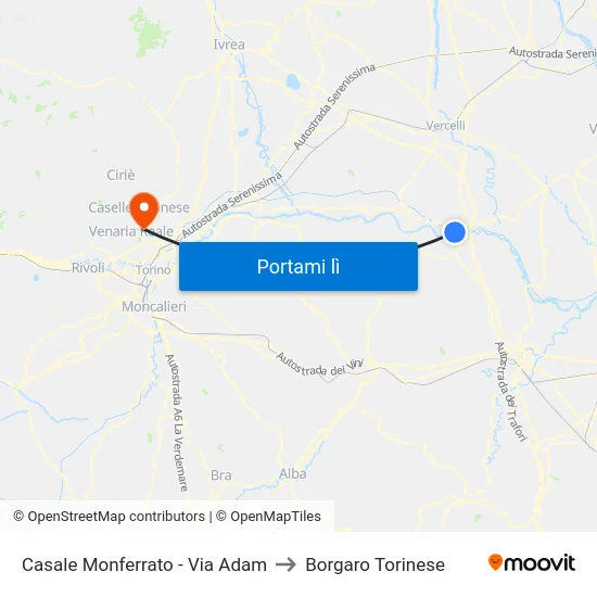 Casale Monferrato - Via Adam to Borgaro Torinese map