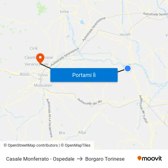 Casale Monferrato - Ospedale to Borgaro Torinese map