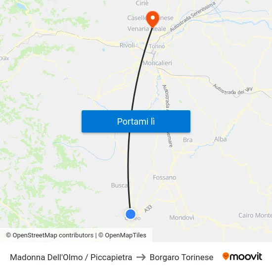 Madonna Dell'Olmo / Piccapietra to Borgaro Torinese map