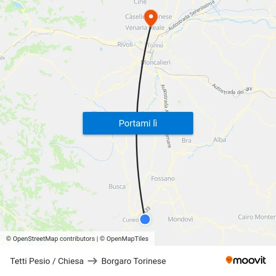 Tetti Pesio / Chiesa to Borgaro Torinese map