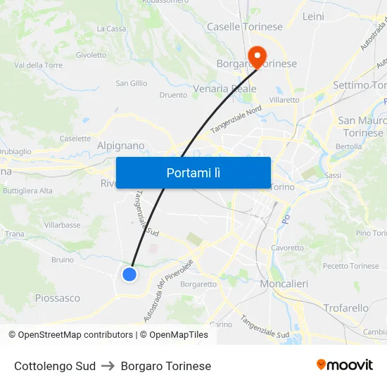 Cottolengo Sud to Borgaro Torinese map