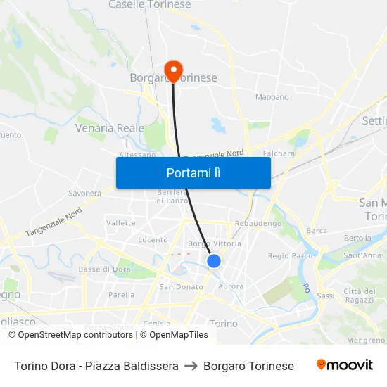Torino Dora - Piazza Baldissera to Borgaro Torinese map