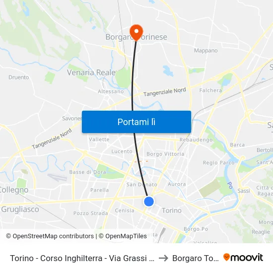 Torino - Corso Inghilterra - Via Grassi - Porta Susa FS to Borgaro Torinese map