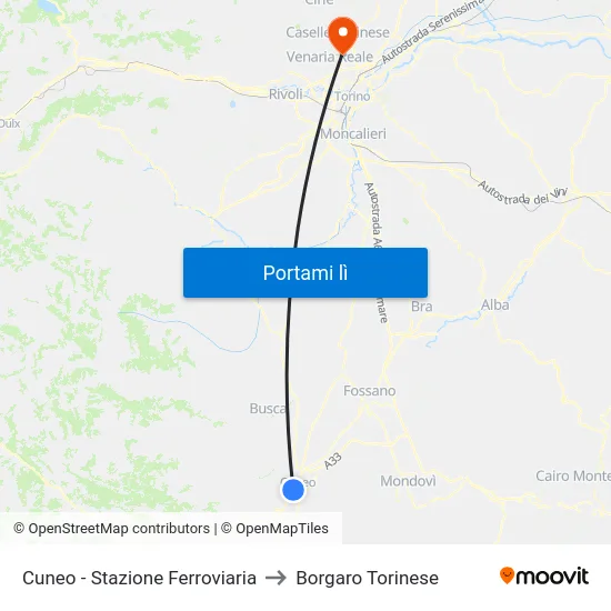 Cuneo - Stazione Ferroviaria to Borgaro Torinese map